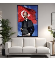 Metal Çerçeveli Temperli Cam Tablo Türk Bayrağı ve Kemal Atatürk (Siyah)