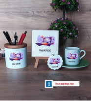 Bilgisayar Mühendisi Hediye Seti Dekoratif Taş, Kalemlik, Ahşap Altlıklı Türk Kahvesi Fincanı, Ahşap Anahtarlık Hediye (Model 9)