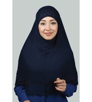 İkili Set Dantelli Pratik Eşarp Hazır Hijab ve Tesettür Bonesi XL (Lacivert)