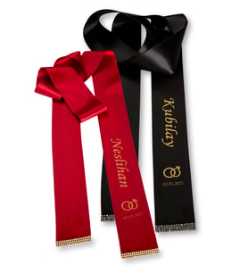 Kişiye Özel Baskılı Takı Kurdelesi - Gelin Damat Saten 6 Cm X 2mt Takı Kurdelesi (Kırmızı-Siyah)