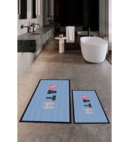 EVDEYA Dijital Baskılı Yıkanabilir Renkli Bath Yazılı İkili Banyo Paspası Klozet Takımı, KLOZET-8-BEYAZ, (Mavi)