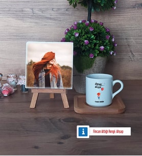 Ütopyalar Güzeldir Fotoğraflı Dekoratif Taş, Ahşap Altlıklı Türk Kahvesi Fincanı Hediye (Model 1)