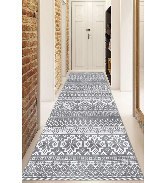 Dijital Baskılı Kaymaz Taban Yıkanabilir Modern Yolluk Ve Koridor Halısı NDU-HT-986 (Gri)