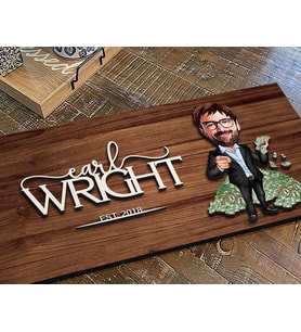BK Gift Kişiye Özel Erkek Bankacı Karikatürlü Kabartma Figürlü Ahşap Tablo, Duvar Dekoru, Arkadaşa Hediye, Özel Tasarım Ev Hediyesi-2 (Ceviz)