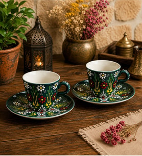 El Yapımı Kütahya Çini Kabartmalı 2'li Kahve Fİncanı (Yeşil)