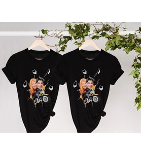 BK Gift Kişiye Özel Sevgililer Karikatürlü İkili Siyah T-shirt Seti, Sevgililer Hediye, Çift Hediyesi, Yıl Dönümü Hediyesi, Kişiye Özel Tişört (Model 4)