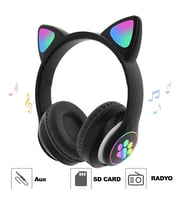 Kedi Kulak Kulaküstü Bluetooth 5.0 Kablosuz Kulaklık Led Işıklı Radyolu AUX SD KART GİRİŞLİ KULAKLIK (Siyah)