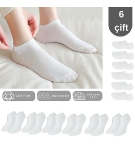 Unisex Düz Desen (6 ÇİFT) Pamuklu Beden Mevsimlik Terletmez Görünmez Çorap (Beyaz)