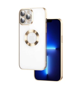 iPhone 13 Pro Max Kılıf Kamera Korumalı Logo Gösteren Omega Kılıf (Gold)