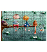Cakapuzzle Dalda Balık Tutan Çocuklar ve Kedi İllüstrasyon  Puzzle Yapboz MDF (Ahşap) (255 Parça)