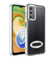 Samsung Galaxy A04S Kılıf Logo Yeri Açık Kamera Lens Korumalı Renkli Kenarlı Şeffaf Silikon (Gümüş)