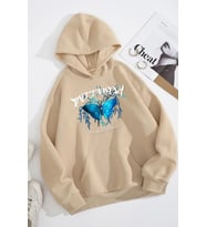 Unisex Blue Butterfly Baskılı Sweatshirt (Bej)