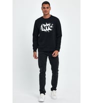 Erkek Bisiklet Yaka Rahat Kalıp 3 iplik Kalın NYC Baskılı SweatShırt spr24sw24 (Siyah)
