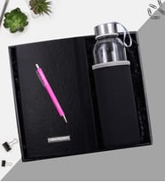 Kişiye Özel Gümüş Renk Detaylı Tükenmez Kalem & Siyah Defter & Siyah Özel Kılıflı 500Ml Su Matarası Hediye Seti (Model 7)