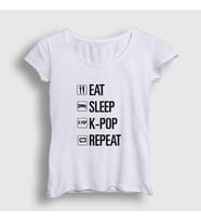Presmono Kadın Sarı Eat Sleep Repeat K-Pop T-Shirt 273168tt (Beyaz)