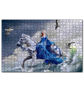 Cakapuzzle Beyaz Atlı Mavi Elbiseli Kız Deniz ve Martılar  Puzzle Yapboz MDF (Ahşap) (1000 Parça)
