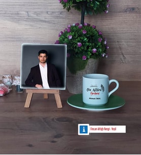 Din Kültürü Öğretmeni Fotoğraflı Dekoratif Taş, Ahşap Altlıklı Türk Kahvesi Fincanı Hediye (Model 9)