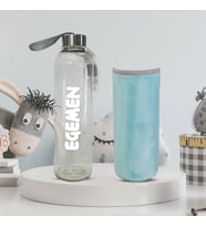 Kişiye Özel Peluş Kılıflı Cam Matara 750 Ml (Mavi)