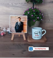 Sınıf Öğretmeni Fotoğraflı Dekoratif Taş, Ahşap Altlıklı Türk Kahvesi Fincanı Hediye (Model 1)
