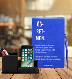 Kişiye Özel Öğretmen Tasarımlı Deri Defter & Roller Kalem & Ahşap Mdf Kalemlik (Mavi)