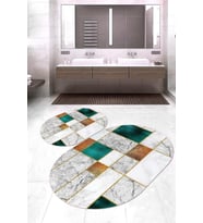 Dijital Baskılı Kaymaz Taban Yıkanabilir Oval 2'li Klozet Takımı Banyo Paspası NOKZ-HY-1104 (Beyaz)