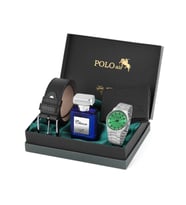 Polo Air Klasik Metal Kordon Erkek Kol Saati Cüzdan Kemer Parfüm Kombin PL-0915E (Açık Yeşil-Gümüş)