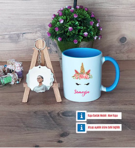 Unicorn Kupa Bardak Beyaz ve Fotoğraflı Ahşap Anahtarlık Hediye (Model 4)