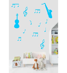 Müzik ve Notalar Dekortaif Duvar Sticker (Açık Mavi)