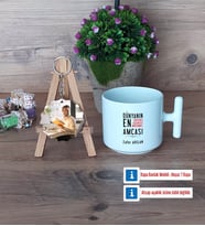 Amcaya Hediye Kupa Bardak Beyaz ve Fotoğraflı Ahşap Anahtarlık Hediye (Model 12)