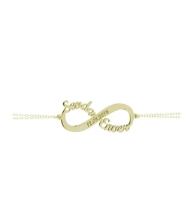 Kişiye Özel 925 Ayar Gümüş Çift Zincir Sonsuzluk Tarih İsim Bileklik (Gold)