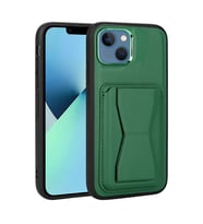 Apple iPhone 13 Kılıf Kartlıklı Standlı ?Suni Deri Memo Kılıf (Koyu Yeşil)