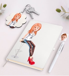 BK Gift Kişiye Özel Bayan Karikatürlü Siyah Defter Kalem Ve Anahtarlık Hediye Seti-39 (Model 2)