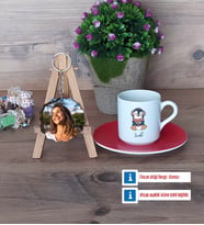 Tatlı Penguen Türk Kahvesi Fincanı Ahşap Altlıklı ve Fotoğraflı Ahşap Anahtarlık Hediye (Model 3)
