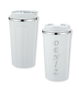 BK Gift Kişiye Özel İsimli 5334 Paslanmaz Çelik Termos Mug 450ml, Vakumlu Termos Bardak (Beyaz)