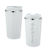 BK Gift Kişiye Özel İsimli 5334 Paslanmaz Çelik Termos Mug 450ml, Vakumlu Termos Bardak (Beyaz)