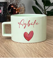 Kalp ve İsim Yazılı Hediye Pastel Fincan Sevgiliye Sevgililer Günü Hediyesi (Yeşil)
