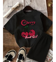 AMOR MAN ÖZEL TASARIM CHERRY BASKILI ULTRA RAHAT YENİ TREND KADIN T-SHIRT ŞORT TAKIMI (Siyah)