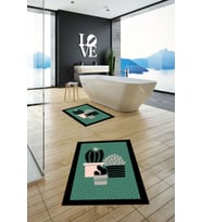 EVDEYA Dijital Baskılı Yıkanabilir Kaktüs Çiçek Desenli İkili Banyo Halısı Klozet Takımı, KLOZET-22-BEYAZ, (Yeşil)