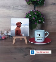 Jandarma Fotoğraflı Dekoratif Taş, Ahşap Altlıklı Türk Kahvesi Fincanı Hediye (Model 3)