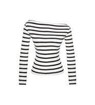 Moda Kayık Yaka Örme Slim Çizgili Desen Casual Günlük Regular Uzun Kol Bluz (Siyah)