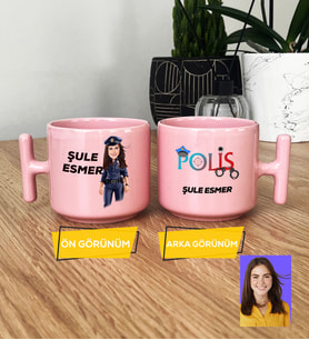 Kişiye Özel Karikatürlü Polis Hediye Pastel T Kupa Kadın Polise Polisler Günü Hediyesi (Pembe)