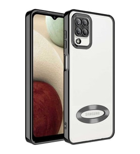 Samsung Galaxy A12 Kılıf Logo Yeri Açık Kamera Lens Korumalı Renkli Kenarlı Şeffaf Silikon (Siyah)
