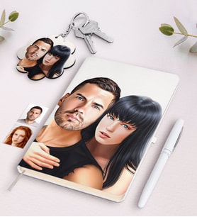BK Gift Kişiye Özel Sevgililer Karikatürlü Siyah Defter Kalem Ve Anahtarlık Hediye Seti-38 (Model 2)