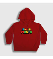 Presmono Unisex Çocuk Beyaz Logo Oyun Super Mario Kapüşonlu Sweatshirt 324507tt (Kırmızı)