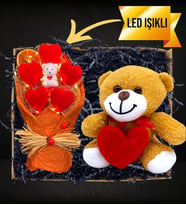Kalpli Peluş Ayıcık & Led Işıklı Ayıcıklı Kırmızı Kalp Buketi (Turuncu)
