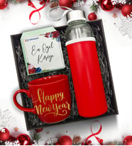 Yılbaşına Özel Happy New Year Temalı Kırmızı Kupa & H2O Kılıflı Cam Suluk Hediye Seti (Model 2)