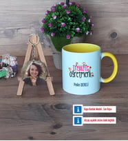 İngilizce Öğretmeni Kupa Bardak Beyaz ve Fotoğraflı Ahşap Anahtarlık Hediye (Model 7)