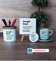 Arkadaşa Hediye Hediye Seti Dekoratif Taş, Kalemlik, Ahşap Altlıklı Türk Kahvesi Fincanı, Ahşap Anahtarlık Hediye (Model 9)