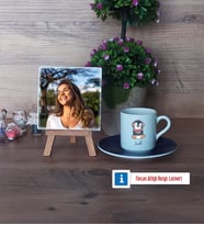 Tatlı Penguen Fotoğraflı Dekoratif Taş, Ahşap Altlıklı Türk Kahvesi Fincanı Hediye (Model 4)