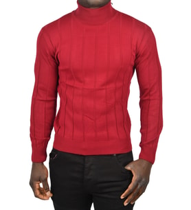 DeepSEA Erkek  Slim Fit Likralı Tam Balıkçı Yaka Çizgili Boğazlı Kazak 2505504 (Bordo)